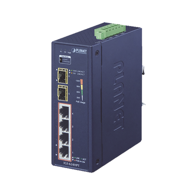 Switch PoE Industrial No Administrable de 4 Puertos PoE 10/100/1000T 802.3at 2 Puertos SFP 10/1000X