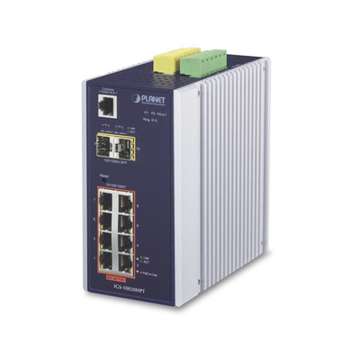 Switch Industrial Administrable Capa 2 8 puertos PoE Gigabit 802.3af/at 2 Puertos SFP de 1 / 2.5 Gigabit Entrada de Voltaje Secundaria para Fuente Redundante