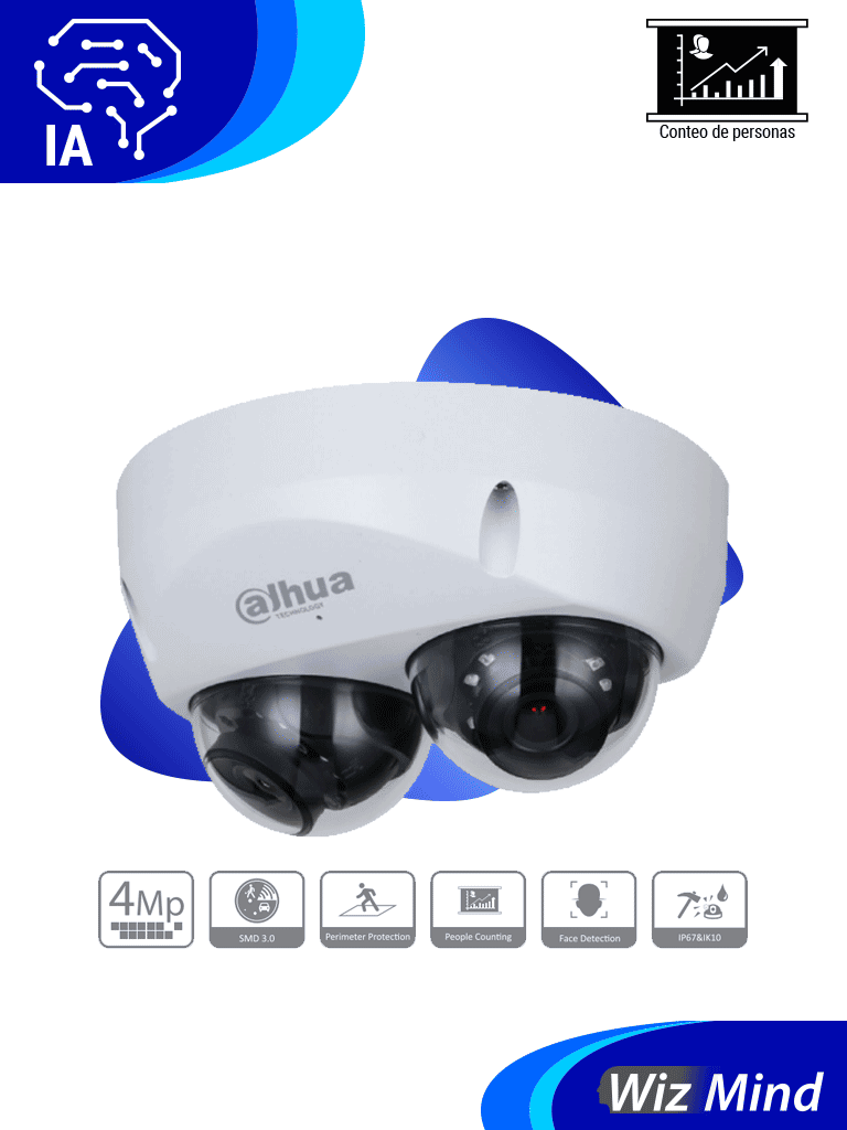 DAHUA IPC-HDBW5441F-AS-E2 Cámara IP Domo de 4 MP con lente de 2.8mm y ángulo de 95° ideal para multivisión. Ofrece IR de 30m tecnología WizMind detección facial protección perimetral Starlight PoE WDR H.265+ IP67 IK10 micrófono y E/S de a