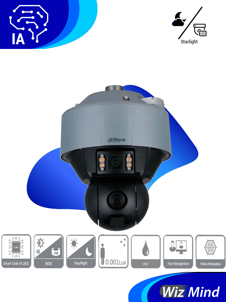 DAHUA DH-SDT5X405-4F-QA Cámara PTZ Dual de 4MP con IA WizMind y visión multivisión. Incluye lente panorámico de 6mm y zoom 10-50mm para detalles precisos IR de 100m y soporte para reconocimiento y captura de rostros. #MV