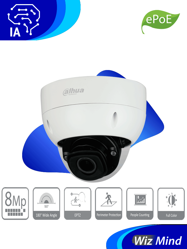 DAHUA IPC-HDBW5242HN-ZHE-MF - Cámara IP Domo Antivandálica Resolución de 2 MP/ Lente Mot. 2.7 a 18mm/ ? 107°-33.9°/ IR 50 mts/ IA WizMind/ Det. Facial/ Prot. Perimetral/ Conteo de Personas/ Starlight/ ePoE/ WDR/ H.265+/ IP67/ IK10/ E&S Alarma/ E&S A