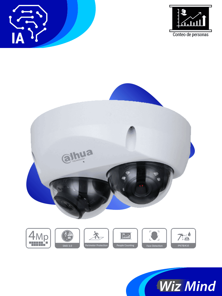 DAHUA IPC-HDBW5441F-AS-E2 Cámara IP Domo de 4 MP con lente de 2.8mm y ángulo de 95° ideal para multivisión. Ofrece IR de 30m tecnología WizMind detección facial protección perimetral Starlight PoE WDR H.265+ IP67 IK10 micrófono y E/S de a