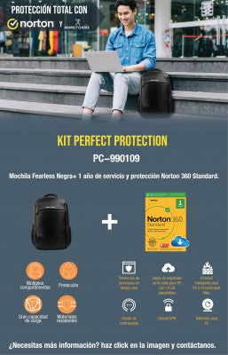 Kit Mochila + Antivirus PC-990109 Mochila Fearless Negra mas Antivirus Norton 1 Año 1 Equipo 360 ESTÁNDAR