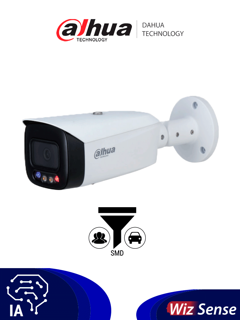 DAHUA IPC-HFW3449T1N-AS-PV-0360B - Cámara IP Bullet Resolución de 4 MP/ Lente 3.6 mm/ ? 81°/ LED 40mts/ IA WizSense/ Det. de Mov. Inteligente/ Prot. Perimetral/ FullColor/ TiOC/ PoE/ WDR/ H.265+/ IP67/ Micrófono/ Sirena/ Estrobos/ E&S Alarma/ E&S A