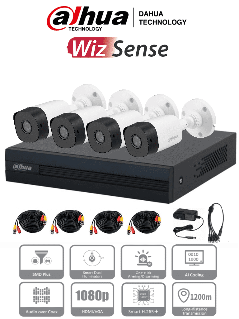 DAHUA KITXVR1B04-I+4B1A21 -Kit de 4 Canales de 2 Megapíxeles DVR Cooper-I WizSense con IA compresión H.265+ 4 cámaras B1A21 1080p 4 canales + 1 IP o hasta 5 IP SMD Plus búsqueda de humanos y vehículos incluye accesorios #DAHQ1M#VolDH