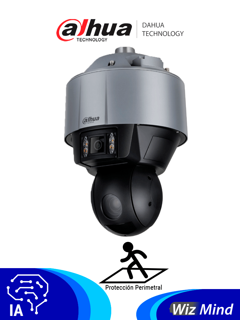 DAHUA DH-SDT5X405-4F-QA Cámara PTZ Dual de 4MP con IA WizMind y visión multivisión. Incluye lente panorámico de 6mm y zoom 10-50mm para detalles precisos IR de 100m y soporte para reconocimiento y captura de rostros. #MV
