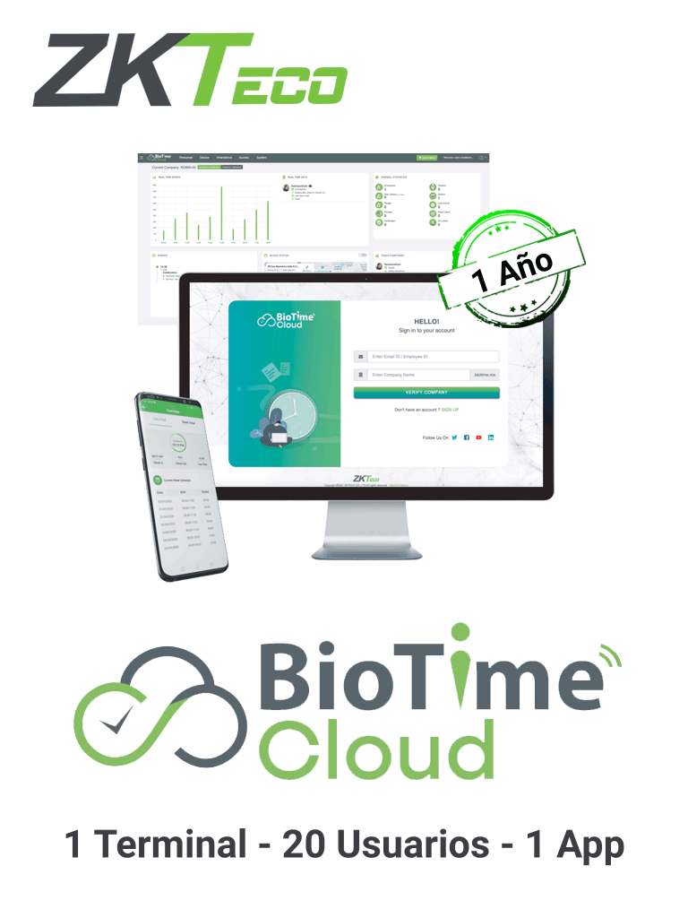 ZKTECO BIOTIMECLOUDLITE - Licencia para asistencia en la nube de 1 año / 1 dispositivo / 20 usuarios / 1 app / 30 000 eventos