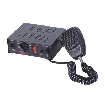 Sirena Vehicular de 100W de Potencia Con Switch Giratorio de 6 posiciones y Micrófono Integrado de Uso Rudo