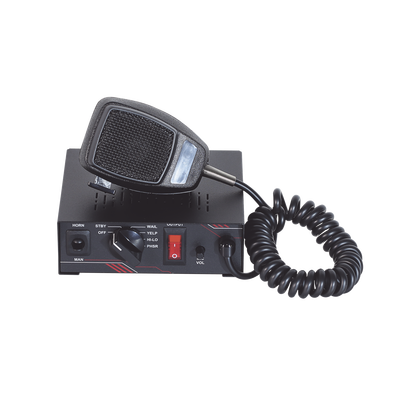 Sirena Vehicular de 100W de Potencia Con Switch Giratorio de 6 posiciones y Micrófono Integrado de Uso Rudo