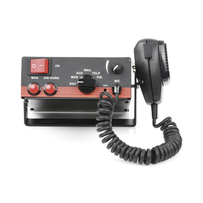 Sirena Vehicular de 100W de Potencia Con Switch Giratorio de 6 posiciones Micrófono de Uso Rudo e Interconexión a Radio