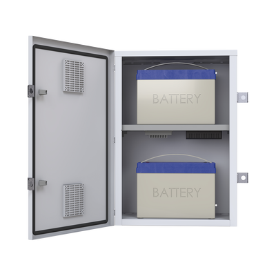 Gabinete para instalación de 2 Baterías PL110D12 Fabricado en Lámina Galvanizada Accesorios para piso o poste (No incluidos)