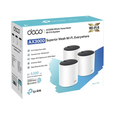 Kit 3 Routers Inalámbricos MESH Interior para Hogar / Doble Banda Wi-Fi 6 AX3000 Mbps / 3 Puerto Gigabit WAN/LAN / 2 Antenas Internas / Administración Mediante la App Deco (iOS Android) / Protección HomeShield