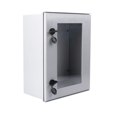 Gabinete de Poliéster IP65 Puerta Transparente Uso en Intemperie (400 x 500 x 200 mm) con Placa Trasera Interior de Plástico (Incluye Chapa y Llave).