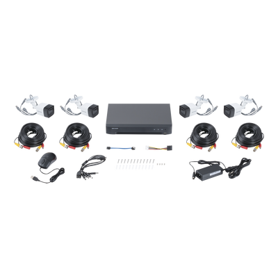 (MICRÓFONO INTEGRADO) KIT TURBOHD 5 Megapixel / DVR 4 Canales / 4 Cámaras Bala con Micrófono Integrado (exterior 2.8 mm) / Fuente de Poder / Accesorios de Instalación