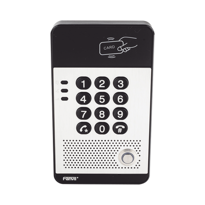 Audio Portero IP con 2 líneas SIP relevador integrado teclado numérico y lectora de tarjetas RFID para control de acceso PoE