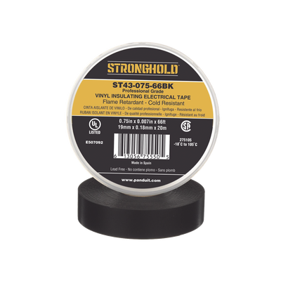 Cinta Eléctrica STRONGHOLD para Aislar  de PVC  Uso Profesional en Construcción Eléctrica  Grosor 0.18mm (7 mil)  Ancho 19mm  y 20m Largo  Color Negro.