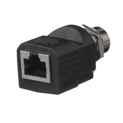 Adaptador IndustrialNet™ de M12 D-Code a Rj45 para Uso en Redes Industriales Protección IP20 en RJ45 e IP68 en M12 Color Negro