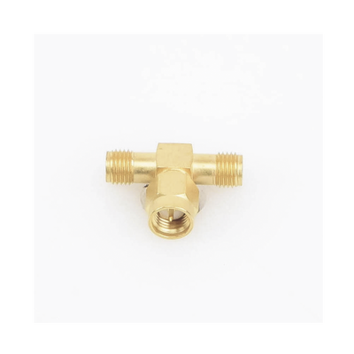 Adaptador en T de Conector SMA Macho a Doble SMA Hembras Oro/ Oro/ Teflón.