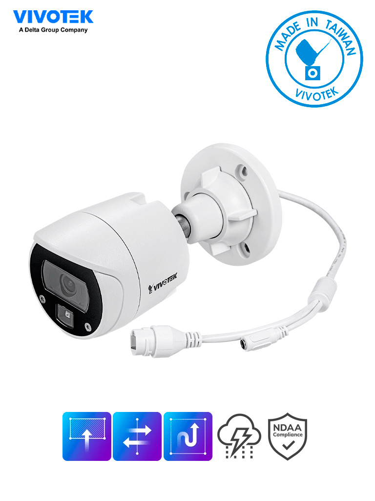 VIVOTEK IB639 - Cámara IP VORTEX Essential Series bullet exterior 2 MP Lente fijo 2.8mm IR 30m WDR digital IP66 IK10 NDAA Almacenamiento 128GB Analiticas IA: Intrusión Cruce de Linea Merodeo Busqueda de Escena Objeto Perdido/Abandonado