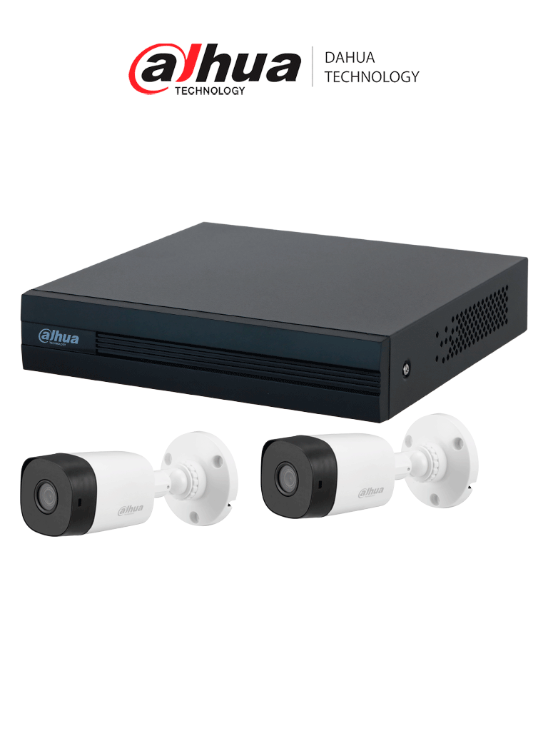 DAHUA KITXVR1B04-I+2-B1A21N/ Kit de 4 Canales de 2 Megapixeles/ DVR Cooper-I WizSense/ Con IA/ 2 Camaras B1A21 con Lente de 3.6mm/ 1080p/ 4 Canales + 1 IP o Hasta 5 Canales IP/ SMD Plus/ Accesorios Incluidos