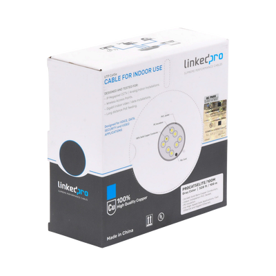 Bobina de cable de 100m Cat5e 24 AWG color Gris UL para aplicaciones en videovigilancia redes de datos. Uso Interior