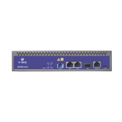 OLT de 1 puerto GPON SC/UPC + 3 puertos Uplink (2 puertos Gigabit Ethernet + 1 puerto SFP/SFP+) Fuente de alimentación redundante AC/DC hasta 128 ONUS