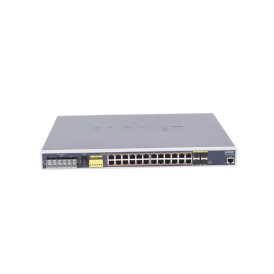 Switch PoE Industrial Capa 3 Con 24 Puertos PoE Gigabit 802.3af/at 4 Puertos SFP Compartidos 100 / 1000X Soporta temperaturas extremas de -40 ~ 75°C