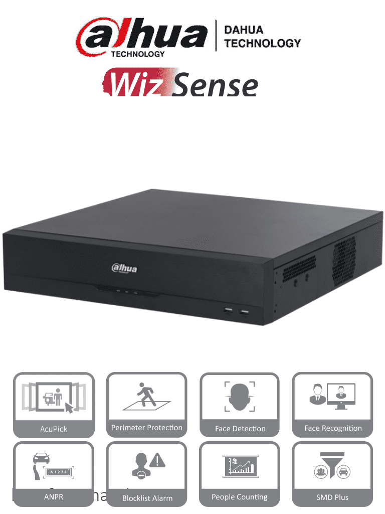 DAHUA DHI-NVR5864-EI - NVR 64 Canales IP 4K WizSense 2U 8 Bahías HDD H.265+ Hasta 384 Mbps 2 Canales de Reconocimiento Facial SMD Plus AcuPick Metadatos Soporte para Cámaras con IA ANPR y Conteo de Personas.