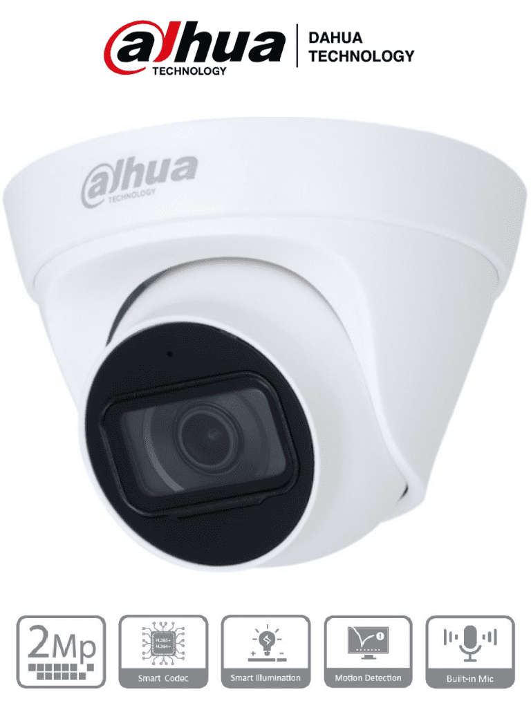 DAHUA IPC-HDW1230T1-A-S5-Cámara IP Domo 2MP con lente de 2.8 mm ángulo de visión de 102 grados micrófono integrado IR de 30m IP67 PoE DWDR.