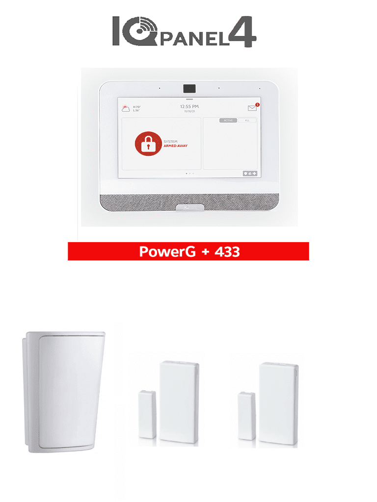 QOLSYS IQ4 PACK - Paquete de Alarma IQPanel4 de Qolsys incluye Panel Autocontenido con Pantalla Táctil de 7" Power G 915 Mhz + Qolsys S-Line 319.5 Mhz. 4 Bocinas integradas 2 Magnéticos Inalámbricos PG9303 y 1 PIR Inalámbrico PG9914