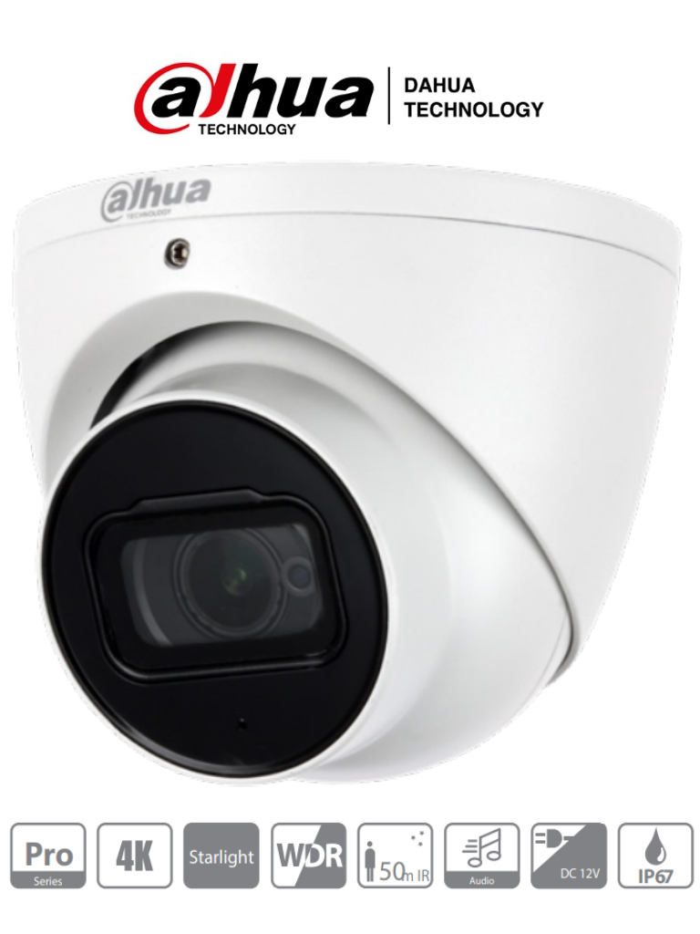 DAHUA HDW2802T-A - Cámara Domo EyeBall 4K Starlight de 8 MP lente de 2.8 mm IR de 50 m WDR real 120 dB IP67. Ideal para vigilancia en alta resolución con excelente rendimiento en condiciones de poca luz y protección robusta contra el clima. #Pro