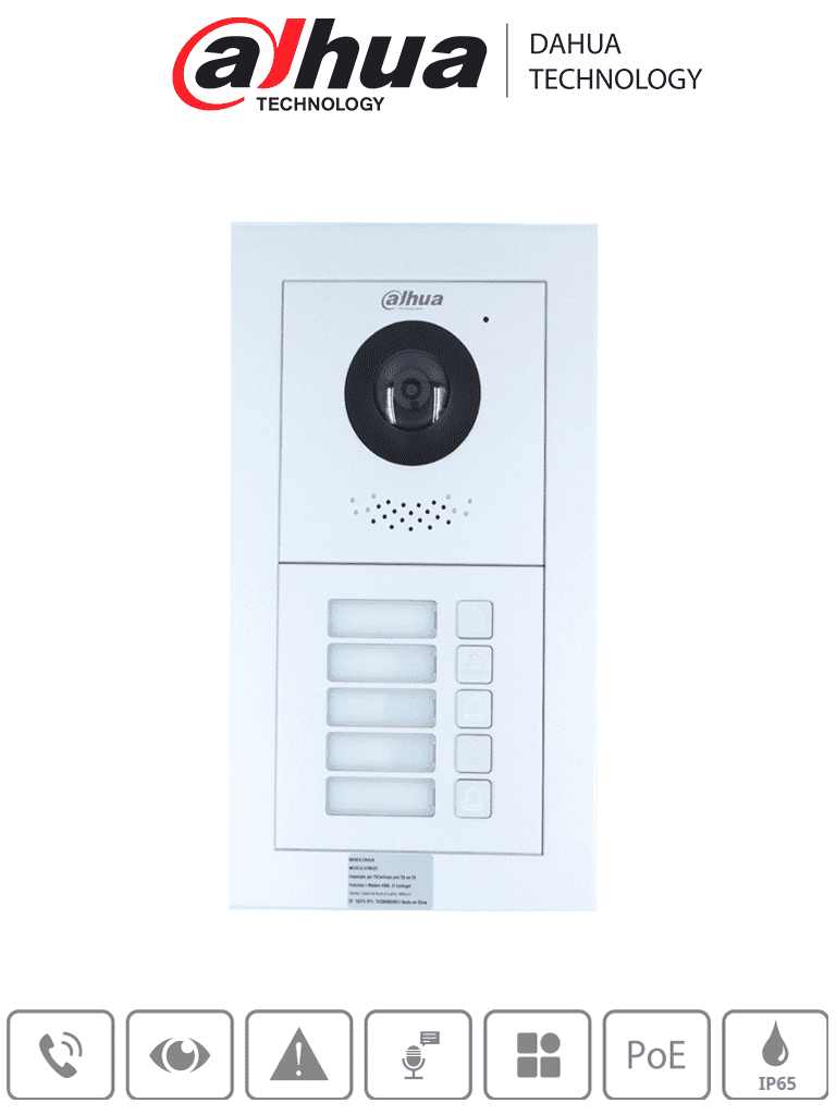 DAHUA PAQ2VTO4202F - Paquete Modular de Frende de Calle para 5 Departamentos/ Incluye Camara de 2 Megapixeles/ Modulo de 5 Botones/ Caja y Panel Frontal/ Apertura Remota/ Notificación APP/ Funcion P2P