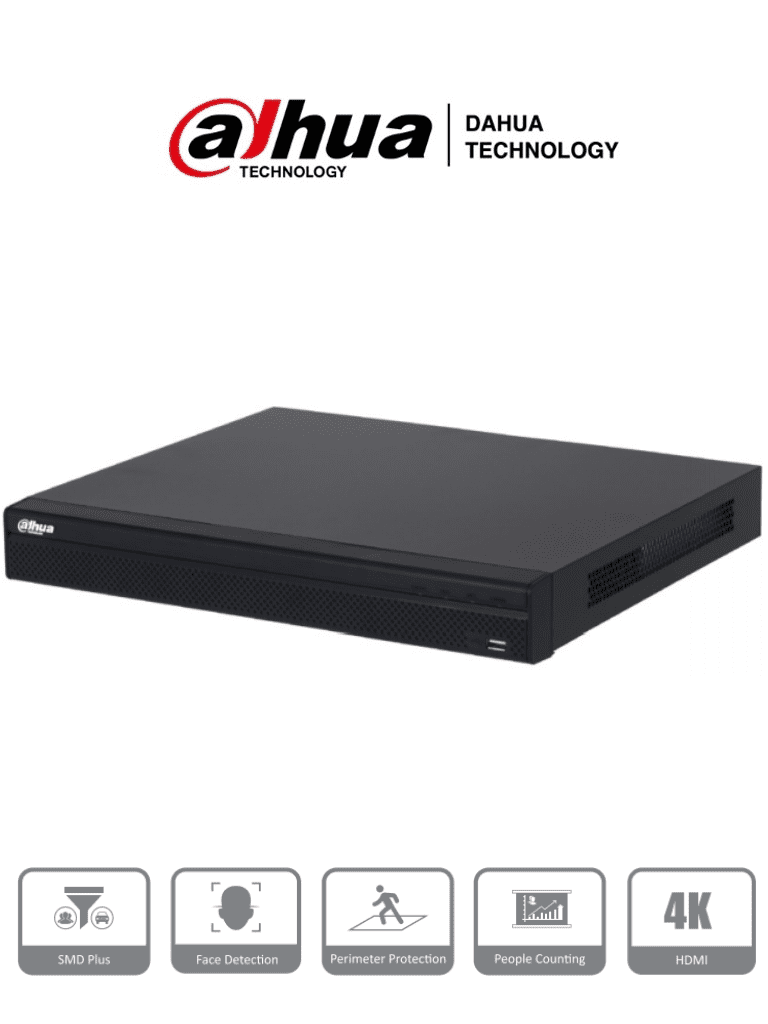 DAHUA NVR4232-16P-4KS2/L - NVR de 8 Megapixeles/ 4k/ 32 Canales IP/ 16 Puertos PoE/ Rendimiento de 160 Mbps/ Smart H.265+/ 2 Bahias de Disco Duro/ 4&2 E&S de Alarma/ Soporta Camaras WizSense