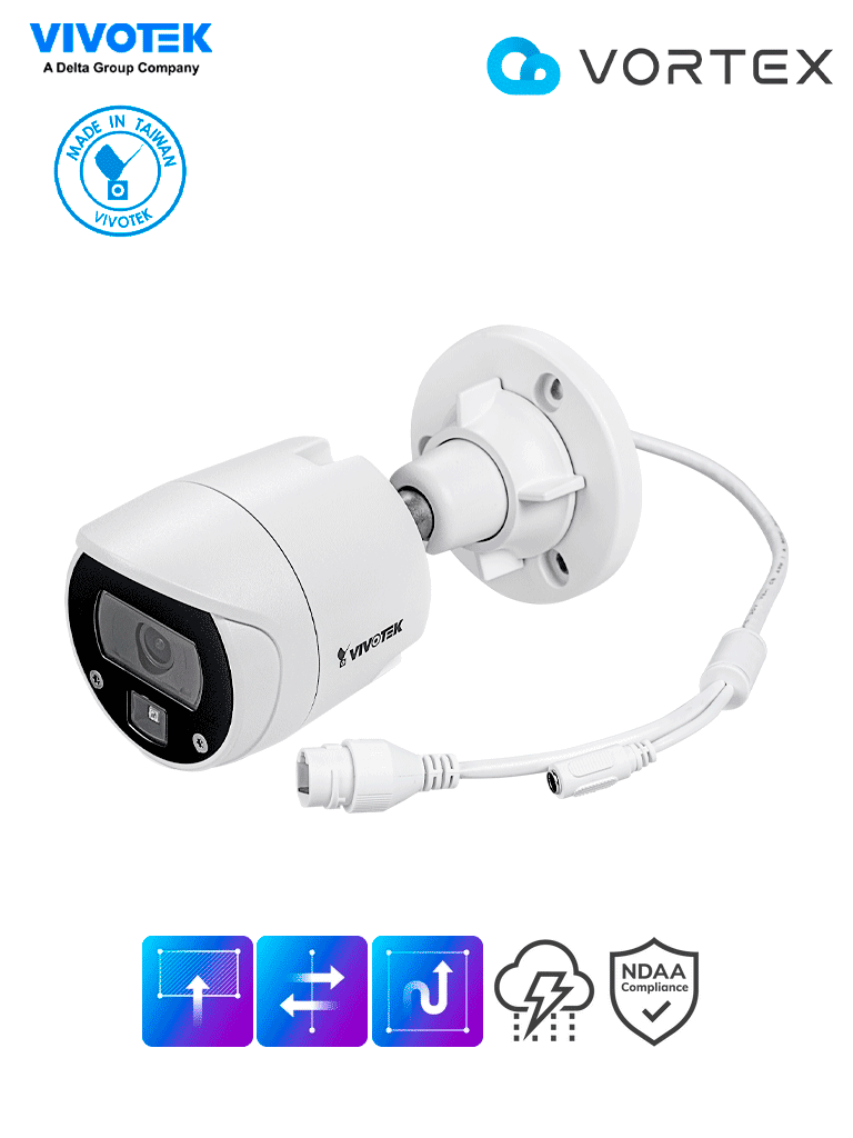 VIVOTEK IB639 - Cámara IP VORTEX Essential Series bullet exterior 2 MP Lente fijo 2.8mm IR 30m WDR digital IP66 IK10 NDAA Almacenamiento 128GB Analiticas IA: Intrusión Cruce de Linea Merodeo Busqueda de Escena Objeto Perdido/Abandonado