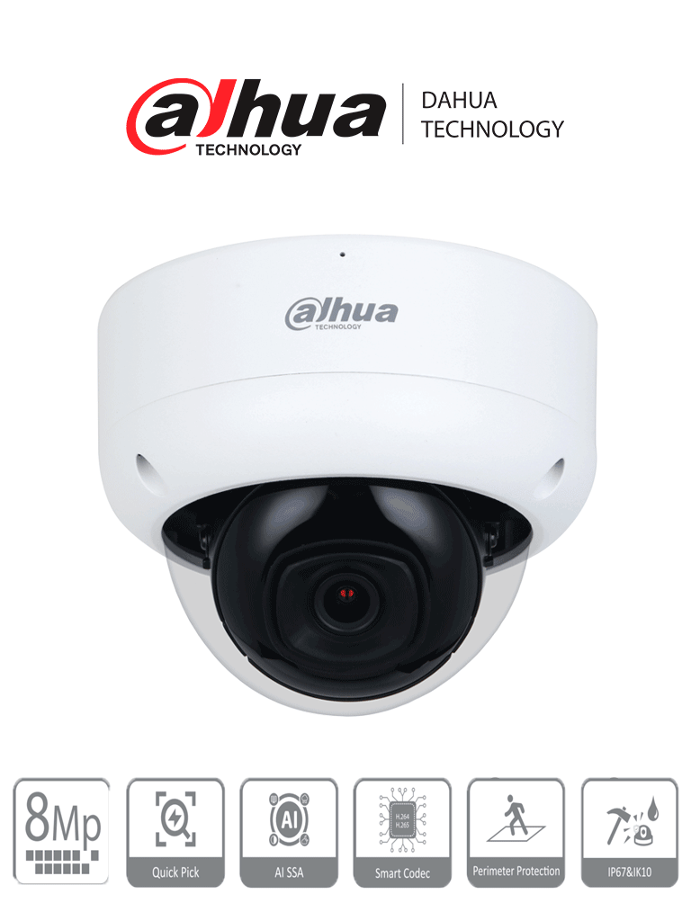 DAHUA DH-IPC-HDBW3841E-AS-S2 - Camara IP Domo Antivandalica 4k/ 8 Megapixeles/ WizSense/ Lente de 2.8 mm/ 107°/ Microfono integrado/ IR 30m / SMD 4.0/ AI SSA/ Ranura MicroSD/ PoE/ IP67/ IK10/ E&S de Alarma y Audio