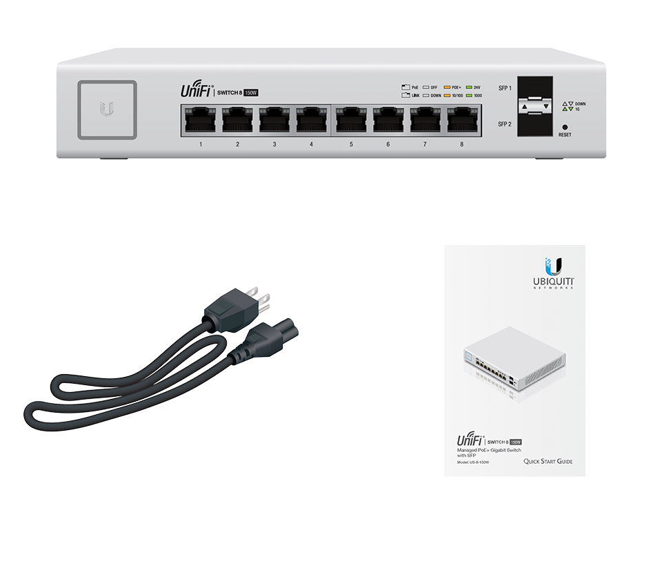 UBIQUITI US-8-150W - Switch UniFi Gigabit PoE con 8 puertos Gigabit Ethernet 2 puertos SFP PoE de 150 Watts y capacidad de conmutación de 20 Gbps.
