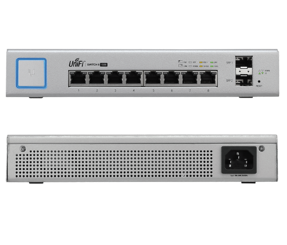 UBIQUITI US-8-150W - Switch UniFi Gigabit PoE con 8 puertos Gigabit Ethernet 2 puertos SFP PoE de 150 Watts y capacidad de conmutación de 20 Gbps.