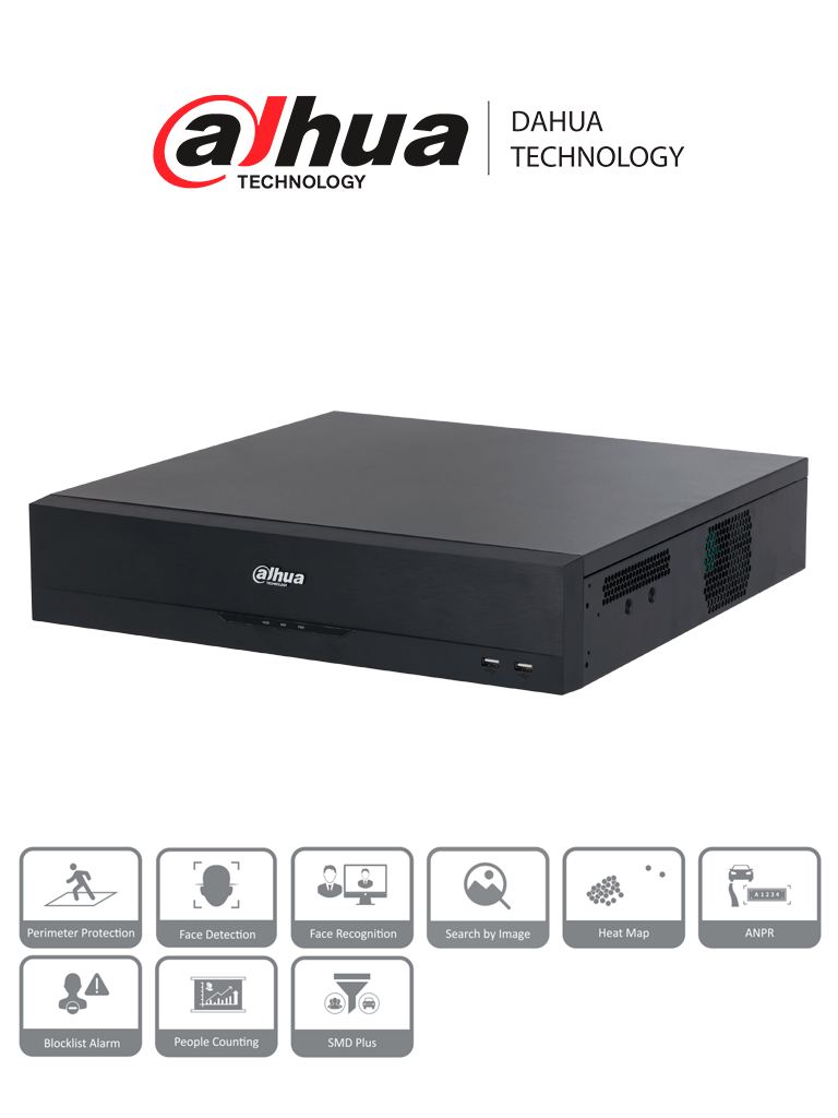 DAHUA DHI-NVR5864-16P-EI - NVR de 64 canales IP 4K con tecnología Acupick de 16 puertos PoE RAID 0/1/5/6/10 384 Mbps. IA avanzada: detección y reconocimiento de rostros protección perimetral SMD Plus en 8 canales.