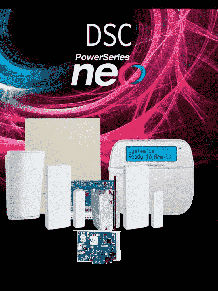 DSC NEO-RF-LCD-IPLTE-SB Paquete NEO 32 Zonas /Comunicador Dual TL280LE/Panel HS2032/Teclado RF LCD HS2LCDRF9N/2 Contactos PG9303/1 PIR Inalámbrico PGP9914/Transformador/Gabinete GMX003. Sin Batería