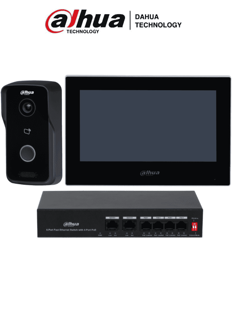 DAHUA DHI-KTP03 - Kit de Videoportero: Monitor de 7" frente de calle IP65 con visión IR apertura remota y control de 1 puerta. Incluye switch PoE de 4 puertos 10/100 y 2 puertos uplink. Protección y acceso inteligente en un solo sistema.