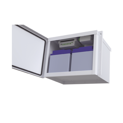 Gabinete para Baterías (Hasta dos PL4012). Fabricado en Lámina Galvanizada. Opción para Montar en Poste (No Incluida)