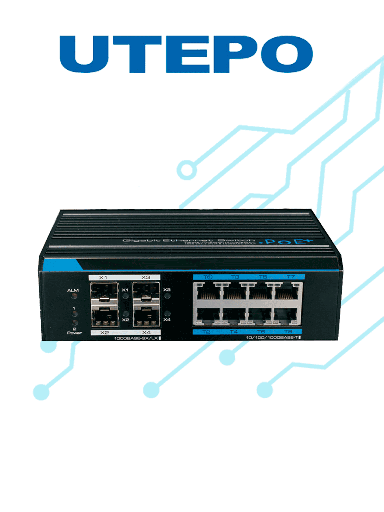 UTEPO UTP7308GEPOE - Switch industrial Gigabit PoE administrable L2 8 puertos PoE Gigabit 4 puertos SFP Gigabit 802.3af/at Fast RING PoE 150W