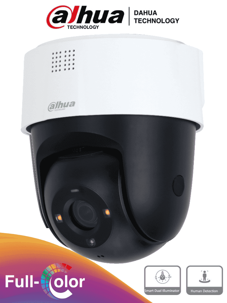 DAHUA SD2A500-GN-A-PV - Camara IP PT de 5 Megapixeles Full Color/ Disuasion Activa/ Lente Fijo/ Luz Blanca de 30 Metros/ IR de 30 Metros/ Smart H.265/ Ranura para MicroSD/ Audio Bidireccional con Altavoz Integrado/ IP66/ PoE/