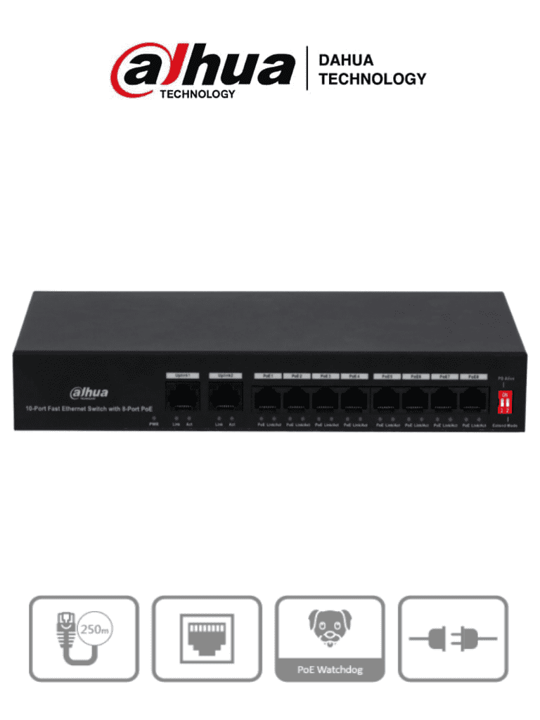 DAHUA PFS3010-8ET-65 - Switch Poe de 10 Puertos Fast Ethernet/ 8 Puertos Poe/ 2 Puertos Uplink/ 65 Watts Totales/ Soporta PoE Watchdog/ Switching 2.0 Gbps/ Con Protección de Descargas/ #BuenFinDahua20