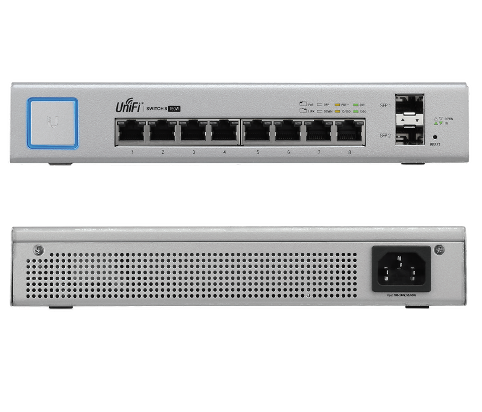 UBIQUITI US-8-150W - Switch UniFi Gigabit PoE con 8 puertos Gigabit Ethernet 2 puertos SFP PoE de 150 Watts y capacidad de conmutación de 20 Gbps.