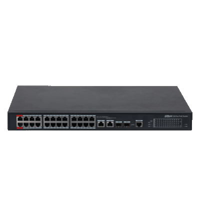 DAHUA DH-PFS4226-24ET-240 - Switch PoE Administrable de 26 Puertos Ethernet/ 24 Puertos PoE/ 240 Watts Totales/ Interfaz Web/ Puerto 1 y 2 Soportan 90 Watts/ 2 Puertos SFP/ 2 Puertos Uplink/ PoE Watchdog/ Switching 8.8 Gbps/