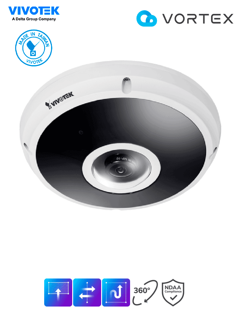 VIVOTEK FE931-EHV- Cámara IP VORTEX Premium Series Fisheye exterior 12 Megapixeles IR 20m WDR Pro Micrófono integrado IP66 IK10 NDAA Almacenamiento interno 512GB Advanced AI