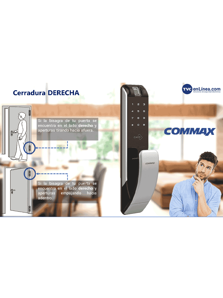 COMMAX CDL210R - Cerradura biométrica inteligente con apertura por medio de diferentes validaciones como huella  PIN o tarjeta mifare/ Soporta hasta 100 usuarios/ requiere baterías AA/ Incluye 2 llaves mecánicas y llaveros RFID