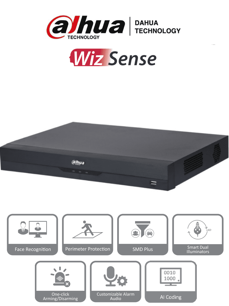 DAHUA XVR5216AN-I3 - DVR de 16 Canales de 5 Megapíxeles Lite/ WizSense/ H.265+/ 2 Bahías de Discos Duros/ 16 Canales + 8 Canales IP/ Hasta 24 Ch IP/ 2 Canales de Reconocimiento Facial/ Codificación IA/ SMD Plus/ Proteccion Perimetral/