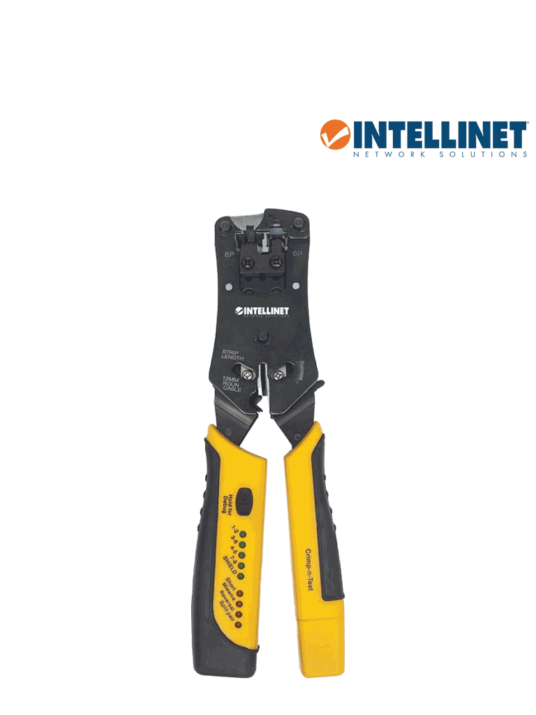 INTELLINET 780124 Pinza Crimpeadora Universal de Plugs Modulares y Probador de Cables 2-en-1 Crimpeadora y Probador de Cables - Corta Pela Remata y Prueba